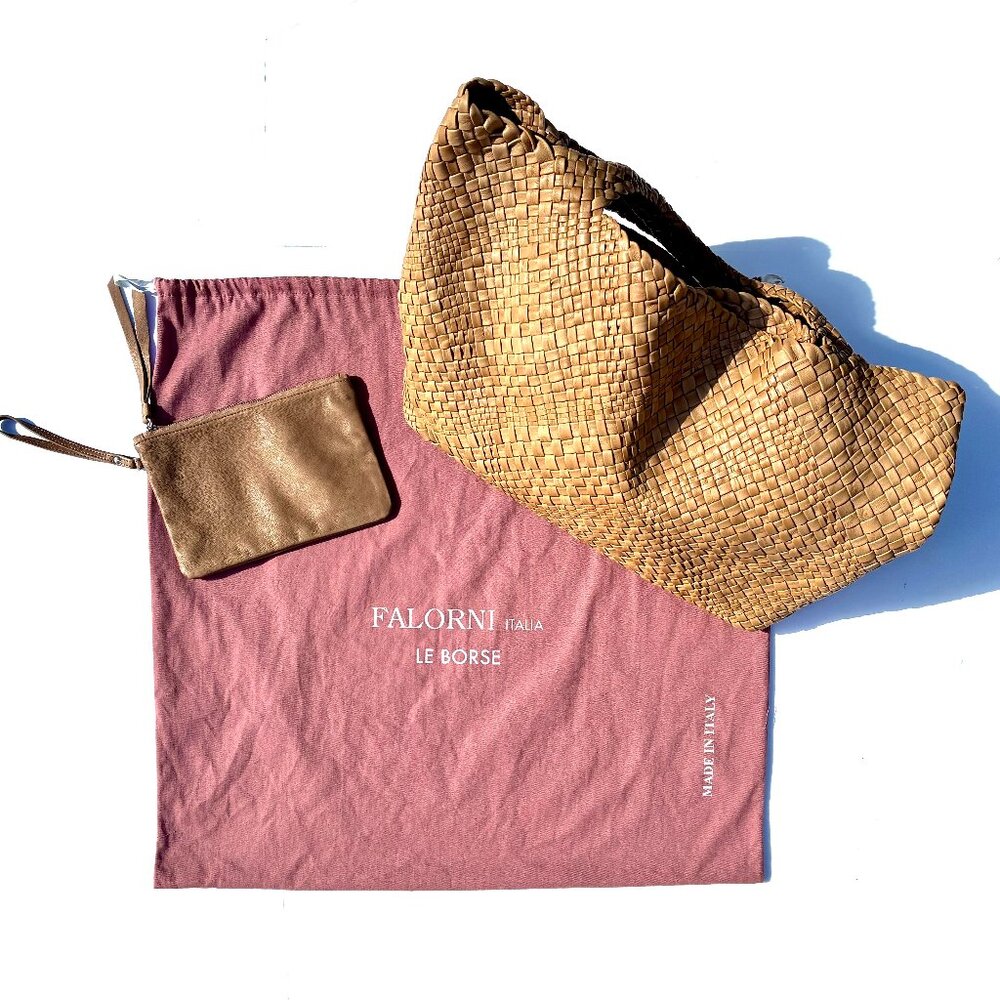 Original Falorni Italia Le Borse F1396 Woven Leather Tote Bag w/Zip Pouch Mocha - Picture 3 of 16
